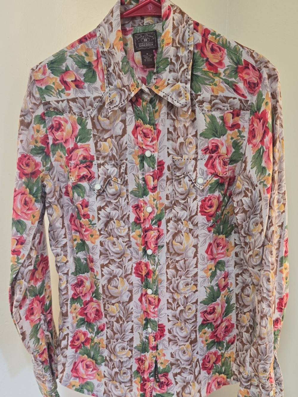 Lucky Brand Dungarees America 100% Linen Floral Western Pearl Snap Shirt M